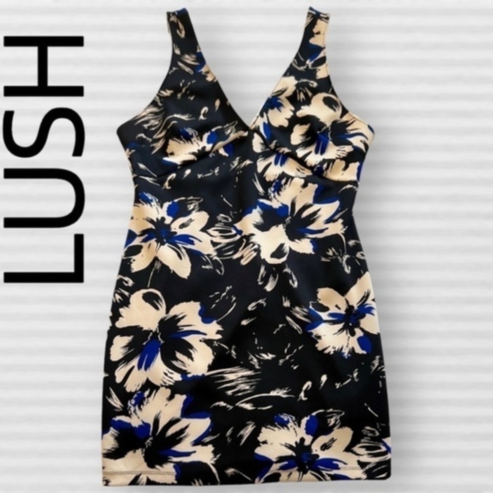 LUSH V-Neck & Back Sleeveless Tailored Back Zip Floral Pattern Dress